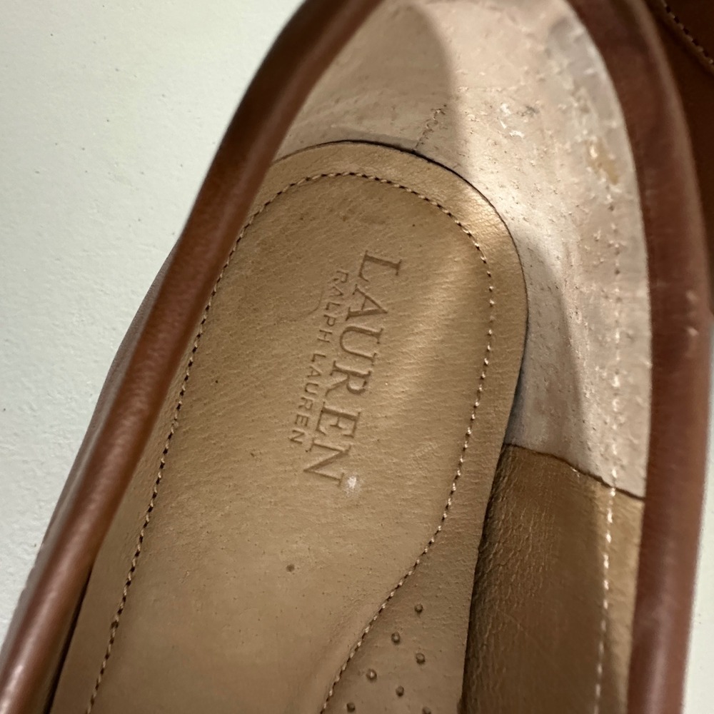LRL Ralph Lauren Averie Brown Leather Loafers Gold Monogram Womens 8 US 39 EU - Picture 10 of 11